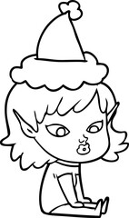 pretty line drawing of a elf girl wearing santa hat