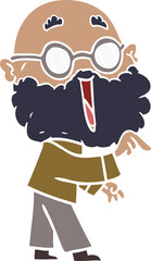 flat color style cartoon joyful man with beard pointing finger