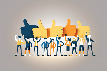 Obraz premium Team of diverse business people holding signs of like and approval via social media, providing positive comments, generating cooperation, collaboration and partnership