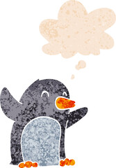 cartoon excited penguin and thought bubble in retro textured style