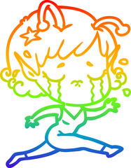 rainbow gradient line drawing cartoon crying alien girl