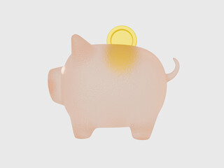 3D piggy bank with coin. Saving money concept. Glassmorphism style. 3d illustration.