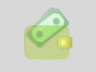 3D Wallet and banknote icon, Money saving, online payment and payment concept. Glassmorphism style. 3d render illustration.