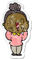 distressed sticker of a cartoon happy old woman