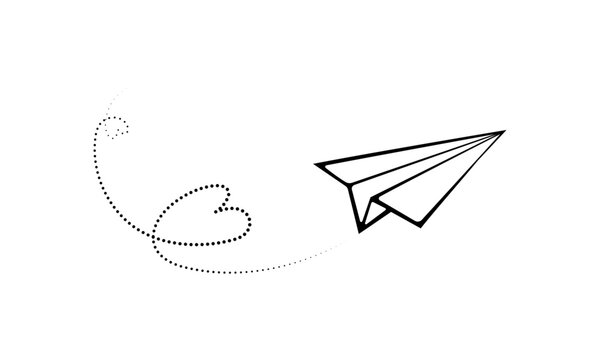 Origami plane with dotted trajectory line in hearts. Simple vector illustration.