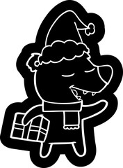 cartoon icon of a bear with present wearing santa hat