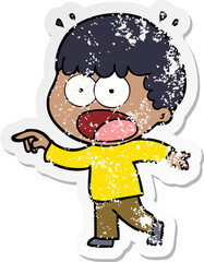 distressed sticker of a cartoon shocked man pointing