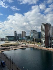 Naklejka premium Aerial view of Mediacity UK in Salford Quays England. 
