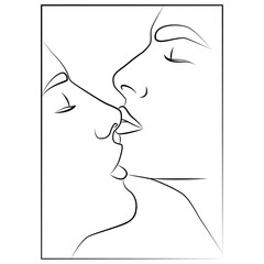 Minimalistic drawing with a black line. A man and a woman line up. A kiss. Fashionable drawing with linear art. Illustration of a pair of lines in one line.