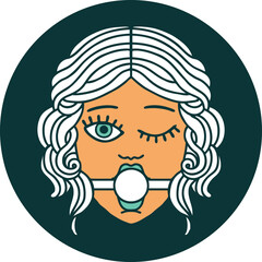 tattoo style icon of winking female face with ball gag