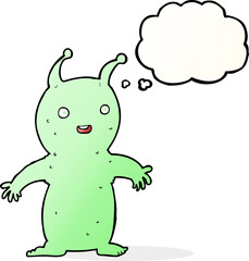 cartoon happy little alien with thought bubble