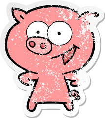 distressed sticker of a cheerful pig cartoon