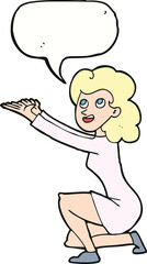 cartoon woman presentation gesture with speech bubble