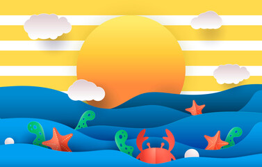 Fototapeta na wymiar Summer marine banner with sun and beach. Cartoon background