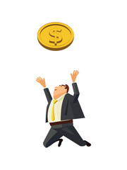 Excited Businessman Catching Giant Gold Coin