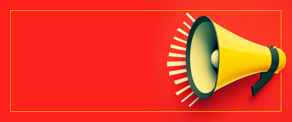Red banner with megaphone and space to write for announcements. Generative AI.