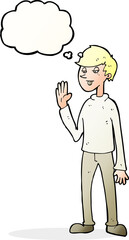 cartoon waving man with thought bubble