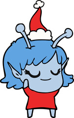 smiling alien girl line drawing of a wearing santa hat