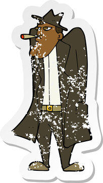 recommend clip art: retro distressed sticker of a cartoon man in hat and trench coat