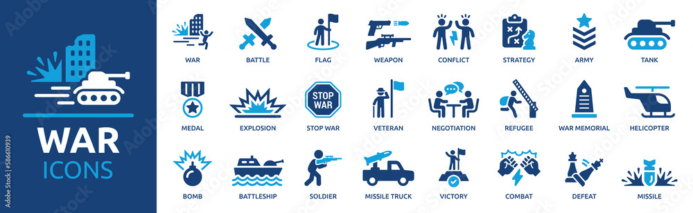 Wall mural war icon set. containing battle, weapon, conflict, missile, bomb, combat, army, tank, medal, veteran - Wall murals