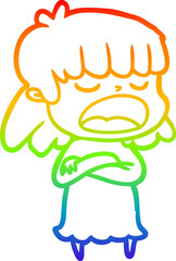 rainbow gradient line drawing cartoon woman talking loudly