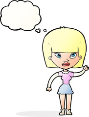 cartoonw woman waving with thought bubble