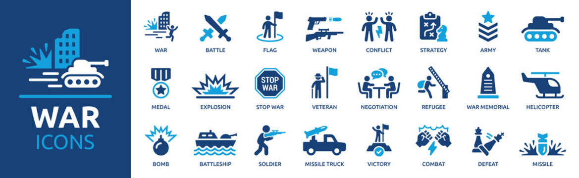 War icon set. Containing battle, weapon, conflict, missile, bomb, combat, army, tank, medal, veteran, victory, defeat, explosion and soldier symbol. Solid icons vector collection.