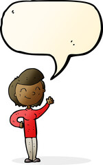 cartoon friendly waving woman with speech bubble