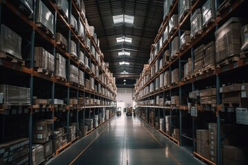 interior of an warehouse full of Spaces and high rising self Where the products are stocked. Generative AI