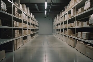 Fototapeta premium interior of an warehouse full of Spaces and high rising self Where the products are stocked. Generative AI