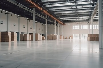 interior of an warehouse full of Spaces and high rising self Where the products are stocked. Generative AI