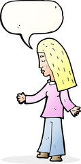 cartoon woman with open arms with speech bubble