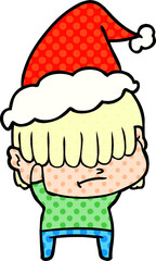 comic book style illustration of a boy with untidy hair wearing santa hat
