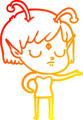 warm gradient line drawing cartoon alien girl