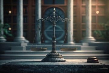 Scales of Justice on background of Court Hall. Law concept of Judiciary, Jurisprudence and Justice. Generative AI