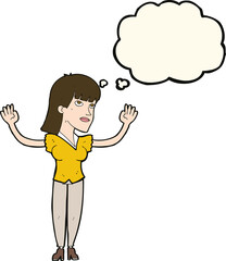 cartoon woman throwing hands in air with thought bubble