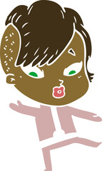 flat color style cartoon surprised girl in science fiction clothes