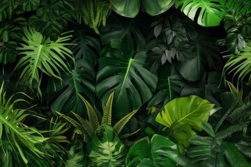 Naklejka na ściany i meble Green leaves nature frame border of tropical plants bush. Generative AI
