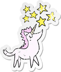 distressed sticker of a cartoon unicorn