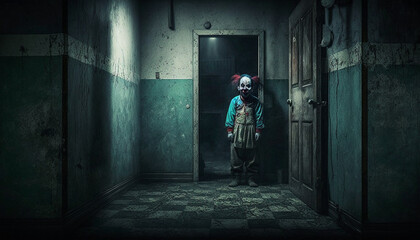 Obraz na płótnie Canvas A clown is standing in a dimly lit hallway, positioned near a doorway