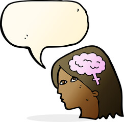 cartoon female head with brain symbol with speech bubble
