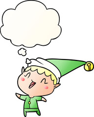 cartoon happy christmas elf and thought bubble in smooth gradient style