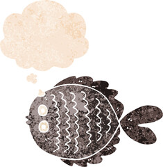 cartoon flat fish and thought bubble in retro textured style