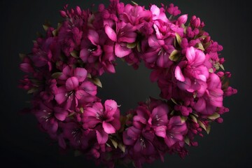 Obraz na płótnie Canvas magenta flowers wreath purlpe pink black background floristic decoration generative ai