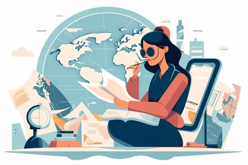 vector image of a woman working as a travel agent, vector, flat design style, character, cartoon, office worker, employee, cute concept vector illustration in flat style. generative ai