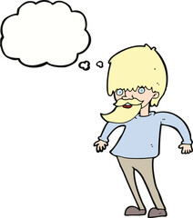cartoon bearded man shrugging shoulders with thought bubble