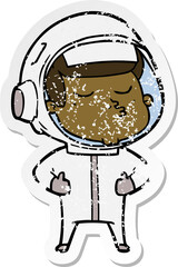 distressed sticker of a cartoon confident astronaut