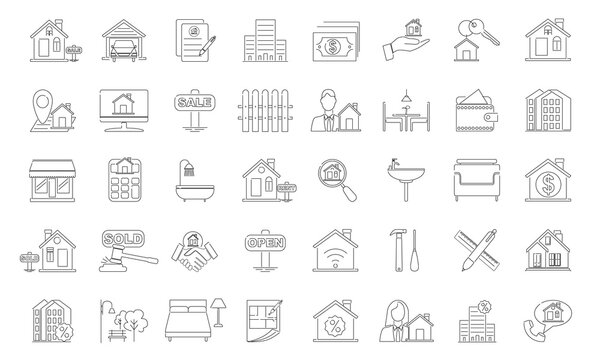 Real estate vector icon set. Included line icons such as home, building, insurance, condotel, and many more. Outline icons collection with simple vector illustration.