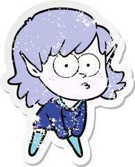 distressed sticker of a cartoon elf girl staring and crouching