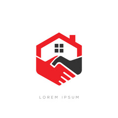 Deal home logo design and buying selling a house with handshake 